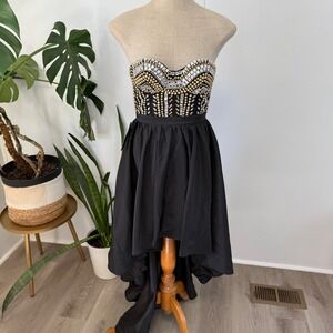 Bebe High Low Gown Women 2 Black Gold Beaded Embellished Formal Prom Dress